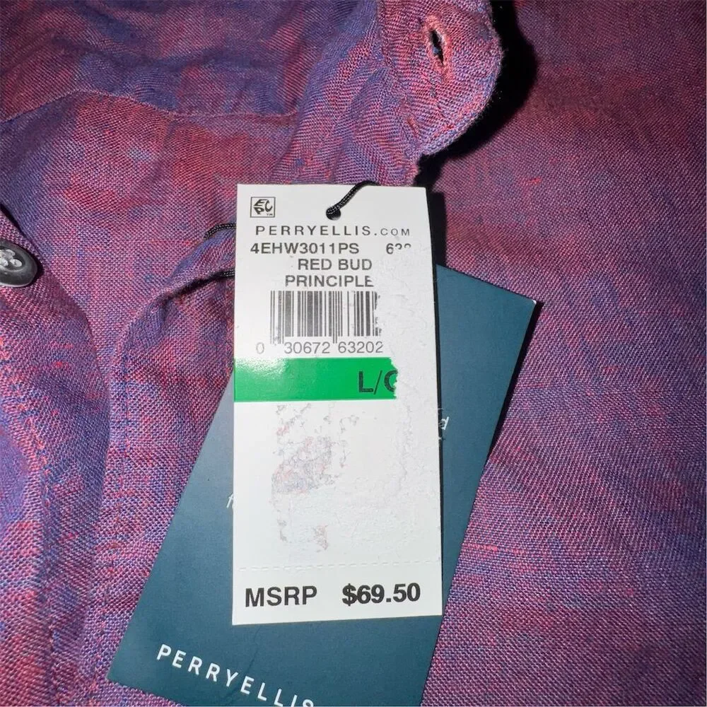 Perry Ellis Men's Untucked‎ Short Sleeve Linen Button-Up Shirt Large Office